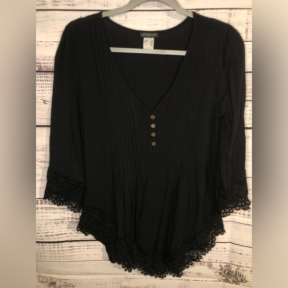VENUS Black Bell Sleeve Blouse with Asymmetrical Hem - Picture 8 of 14